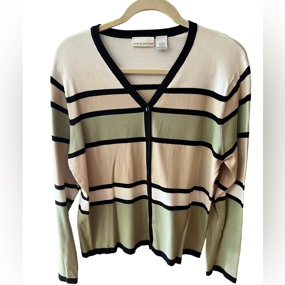 V-Neck Striped Cardigan in Green/Beige and Cream by Croft and Barrow.  Medium.